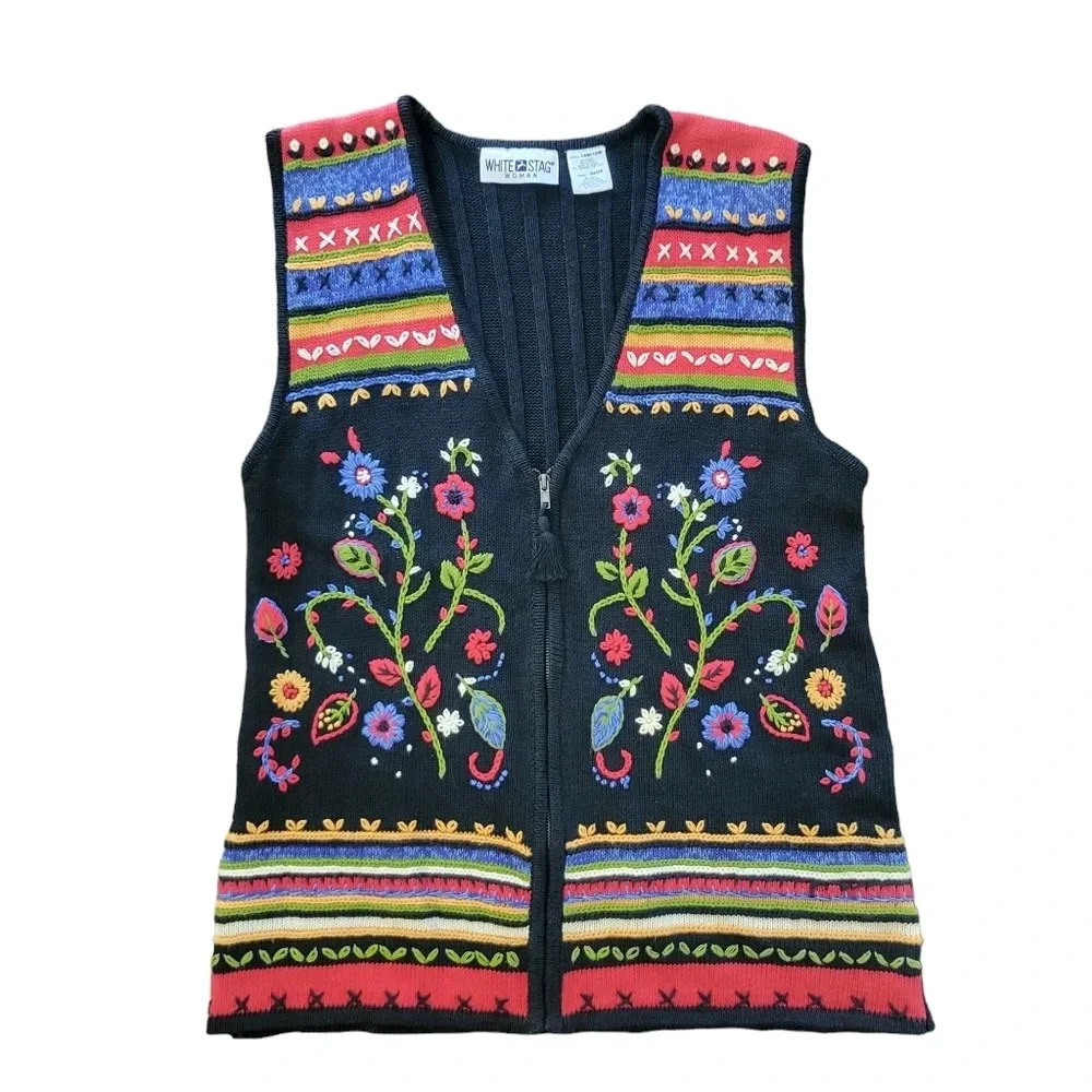 Vintage White Stag Women's Knit Embroidered Long Line Vest, Size 14W/16W